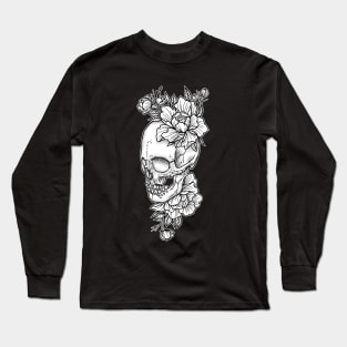 Skull and Peony Flowers Tattoo art Long Sleeve T-Shirt